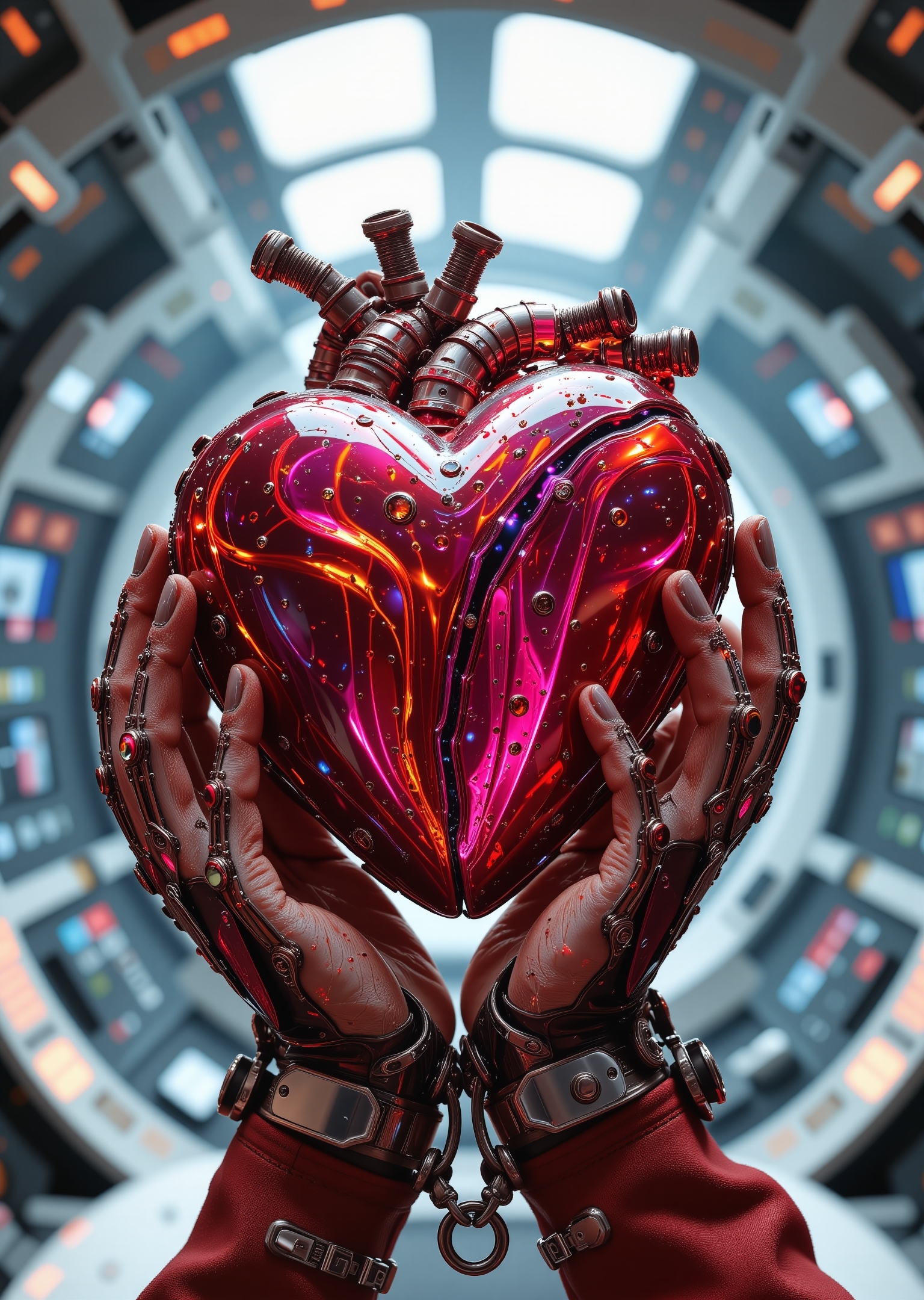 Close-up. The heroine of a space sci-fi action movie holds a huge high-tech biomechanical heart in her hands. Five fingers on each hand. The cabin of a spaceship. Rays of light. Lots of small details. Photorealism., <lora:aidmaMJ6.1-FLUX-v0.5.safetensors:0.6:0.6> <lora:flux.1_lora_flyway_Epic-Characters_v1.safetensors:0.6:0.6> <lora:Hand v2.safetensors:0.6:0.6> <lora:aidmaLOVEboost-FLUX-V0.1.safetensors:0.6:0.6>