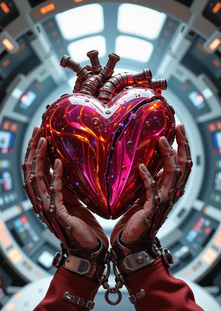 Close-up. The heroine of a space sci-fi action movie holds a huge high-tech biomechanical heart in her hands. Five fingers on each hand. The cabin of a spaceship. Rays of light. Lots of small details. Photorealism., <lora:aidmaMJ6.1-FLUX-v0.5.safetensors:0.6:0.6> <lora:flux.1_lora_flyway_Epic-Characters_v1.safetensors:0.6:0.6> <lora:Hand v2.safetensors:0.6:0.6> <lora:aidmaLOVEboost-FLUX-V0.1.safetensors:0.6:0.6>