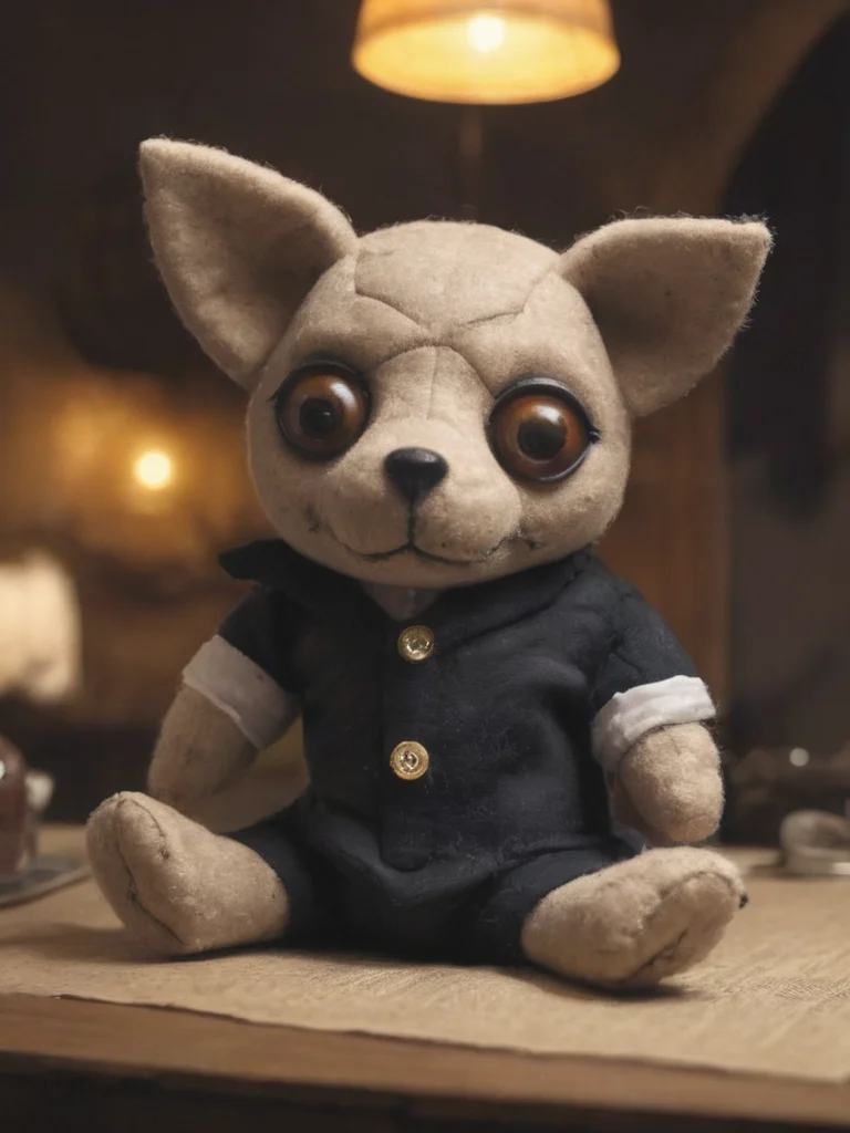 voodstyle, picture of a dog doll drinking tea, deep shadows, perfect composition, cozy kitchen, warm light, atmospheric, <lora:- SDXL - voodstyle_ Voodoofy_V1.0:0.9>