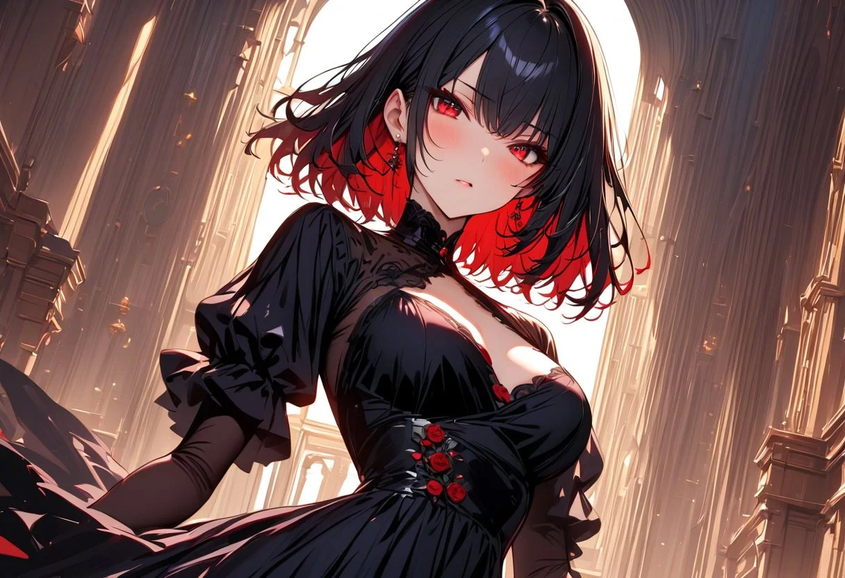 High detailed, ultra detailed, masterpiece, 1Girl, black hair, red eyes, dress