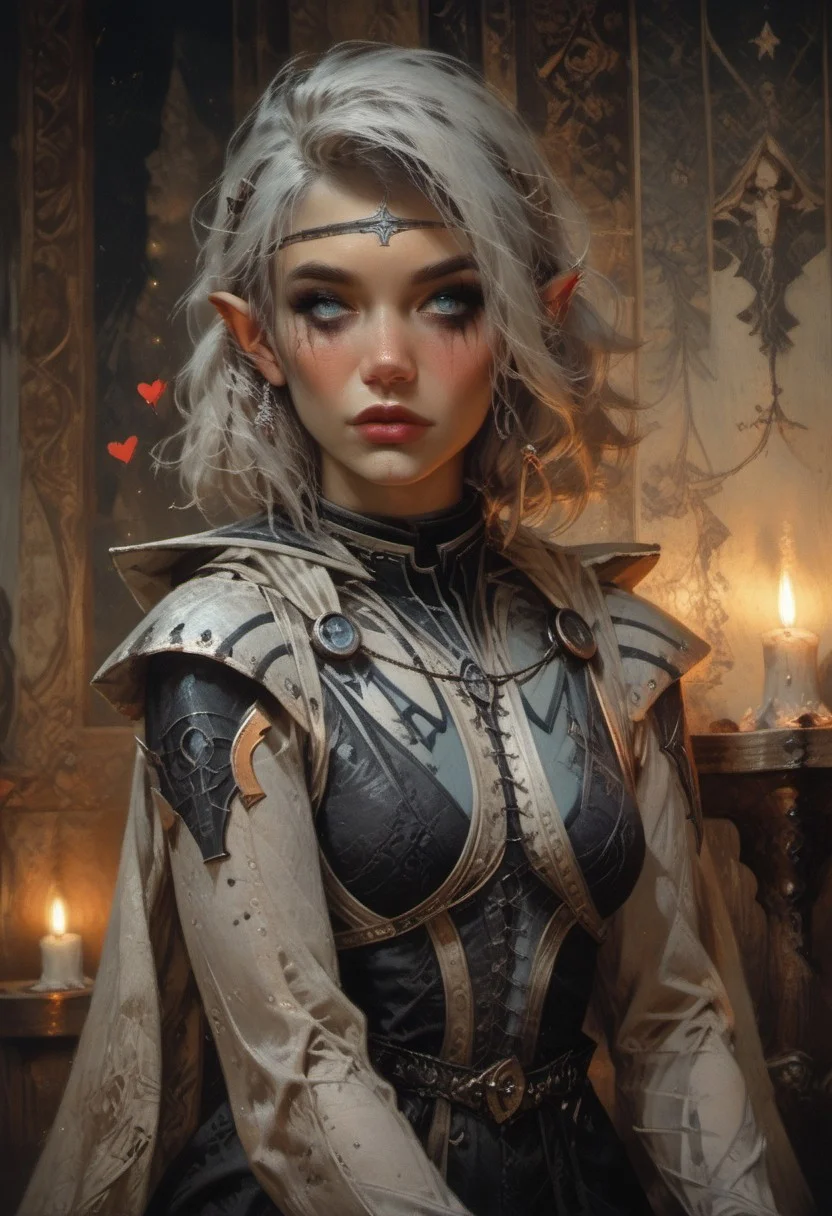 score_9, score_8_up, score_7_up, ((waist-up portrait, kneeling, face focus, eye focus, dynamic angle, motion)), 1girl, fantasy, (ph4nt0m01l), (Tarot Card Style), <lora:BGIsobel:1.0>, (BGIsobel, 1girl, white hair, pointy ears, make up), (isobelArmor), lace, cape, breathless intimacy, tanned skin, petite model bombshell, heart, young, delicate features, narrow pointy nose, tiny nose, white hair, lust, big eyes, seductive eyes, blue eyes, detailed skin, flared lashes, mascara, makeup, perky medium breasts, athletic body, narrow waist, skinny hips,
warm light, detailed, neon dark party, candles, ((occult))
 BREAK
milky way, runes, arcane, astral, surreal, ethereal glow, masterpiece, best quality, intricate design. colorful, moonlit nightsky, stained glass aesthetic, moody whimsical color palette, murano glass, bold soldering lines, volumetric light shining through, crepuscular rays, intricate craftsmanship, detailed texture, luminous transparency, reflective light play, vivid hues, atmospheric depth, enchanting silhouette, art nouveau,