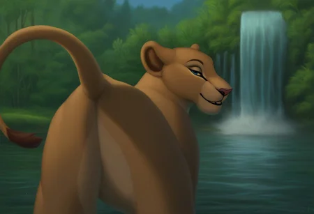 score_9, score_8_up, score_7_up, by reallynxgirl,  BREAK,Solo, Nala, Lioness, smiling, blue eyes, (seductive pose:1.2), (raised tail:1.6), lake, waterfall background, detailed background, (rear view:1.5), (seductive face), (teasing), (looking at viewer)