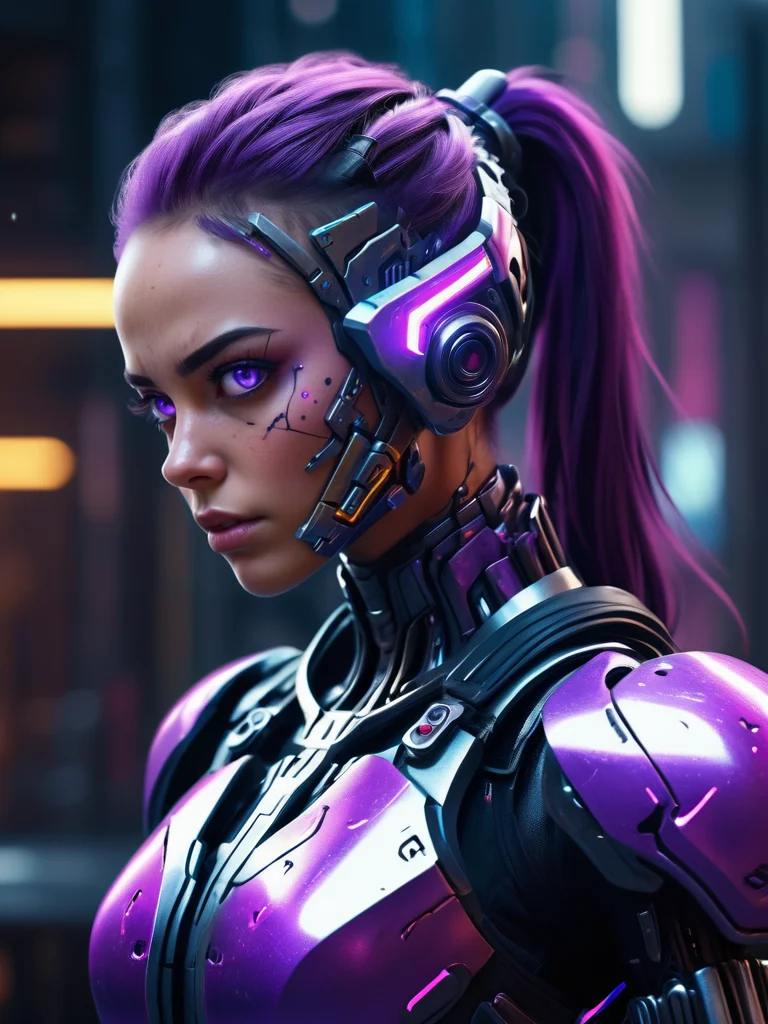 ((4K)), cyborg girl, cyberpunk style, cyberpunk armor, aims at the viewer from a laser rifle, exoskeleton, steel and carbon, huge muscles, makeup, acrobatic stunts, purple eyes, ASCII, realism, hyperrealism, very detailed, sublime, extremely beautiful, sharp focus, sophisticated, cinematic, intricate, elegant, dynamic, rich, deep. colors, bright color, shining light, attractive, cute, beautiful, full background, epic composition, dramatic atmosphere, shining, professional, stunning