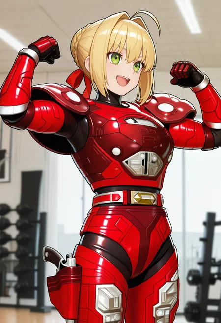 1girl, solo, R3ddle, armor, red armor, bodysuit, shoulder pad, gloves, belt, holster, shiny clothes,(nero claudius (fate):0.9), blonde hair, green eyes, flexing, looking at veiwer, smile, open mouth, covered neck, black neck, cowboy shot,
indoors, gym,
best quality, very aesthetic, masterpiece,