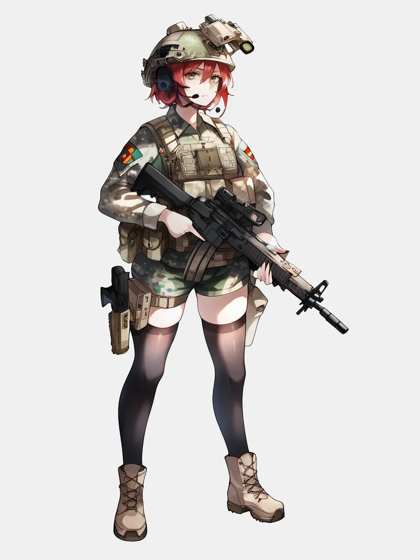 score_9, score_8_up, score_7_up, score_6_up, score_5_up,  <lora:tacticalclothesXLP:0.8> tactical clothes, 1girl, gun, weapon, solo, thighhighs, helmet, headset, assault rifle, rifle, camouflage, military, red hair, military uniform, black thighhighs, boots, uniform, full body, m4 carbine, short hair, h&k hk416, handgun