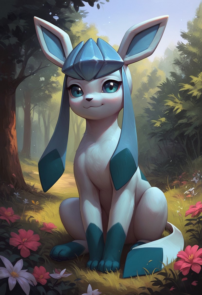 masterpiece,best quality, highly detailed, score_9, score_8_up, score_7_up, score_6_up, score_5_up, score_4_up, Glaceon, Pokemon, solo, Cute, in the forest in the morning