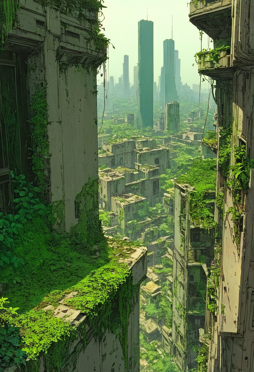 Artwork, A post-apocalyptic cityscape viewed from a high vantage point. A lone female figure stands on the edge of a crumbling, overgrown skyscraper, gazing out at a sprawling city overtaken by nature. The buildings are decayed, covered with vines and moss, and the streets below are barely visible through the dense mist and sunlight filtering through. The mood is both serene and melancholic, with bright green foliage contrasting against the muted, weathered tones of the city ruins. The scene exudes a sense of quiet isolation, resilience, and the reclaiming power of nature...(anime,cyberpunk,Moebius (Jean Giraud) Style page), comicbookpencils