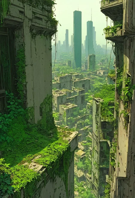 Artwork, A post-apocalyptic cityscape viewed from a high vantage point. A lone female figure stands on the edge of a crumbling, overgrown skyscraper, gazing out at a sprawling city overtaken by nature. The buildings are decayed, covered with vines and moss, and the streets below are barely visible through the dense mist and sunlight filtering through. The mood is both serene and melancholic, with bright green foliage contrasting against the muted, weathered tones of the city ruins. The scene exudes a sense of quiet isolation, resilience, and the reclaiming power of nature...(anime,cyberpunk,Moebius (Jean Giraud) Style page), comicbookpencils
