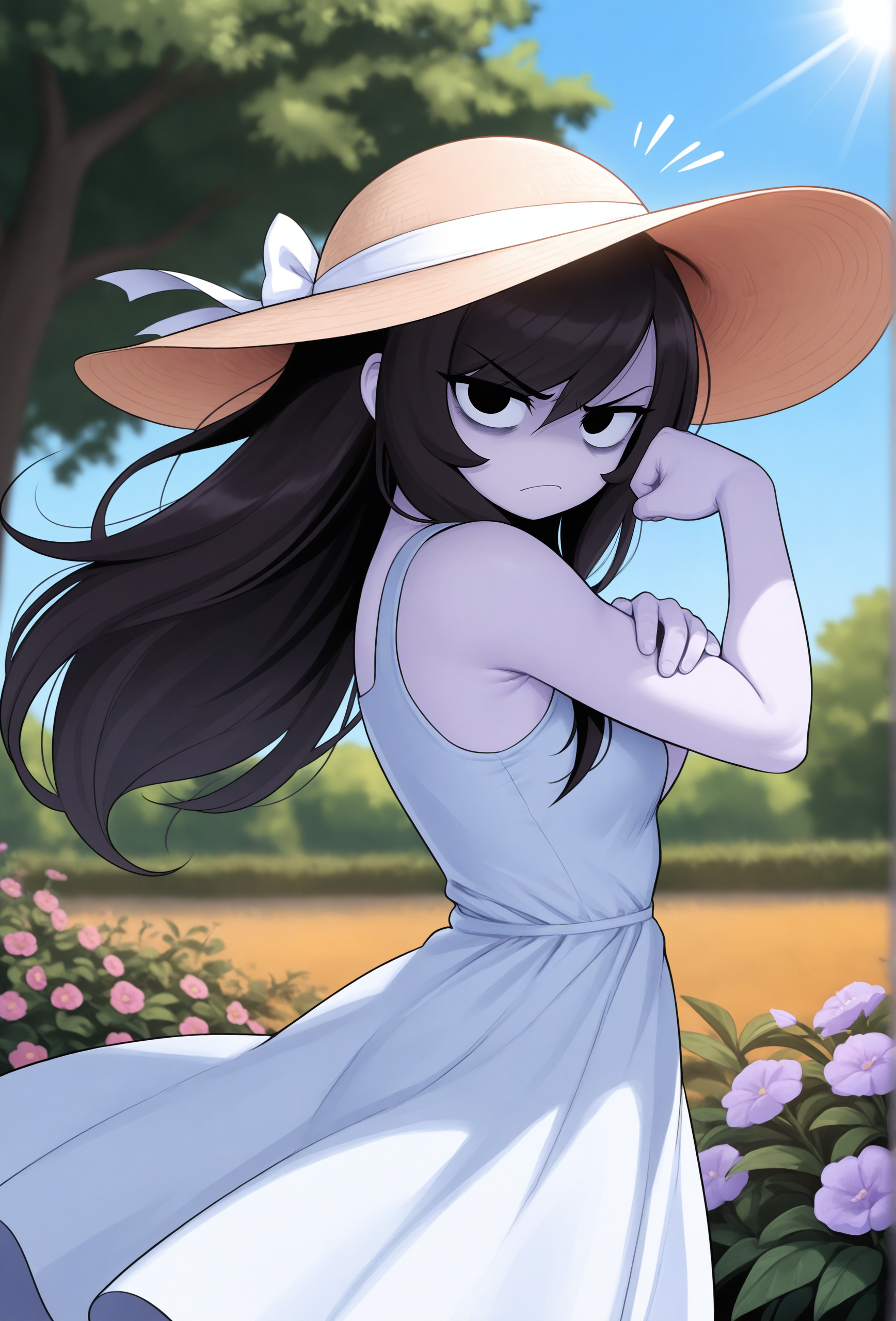 masterpiece,best quality,amazing quality, <lora:rosemary_cabronpr_illustrious_v1f:0.75> rosemary, 1girl, solo, black eyes, no nose,bags under eyes, long hair, angry, looking at viewer, sun hat BREAK
(depth of field:1.3), garden, flowers, plant, tree, blue sky, wind, sun dress, sleeveless, bicep pose, colored skin