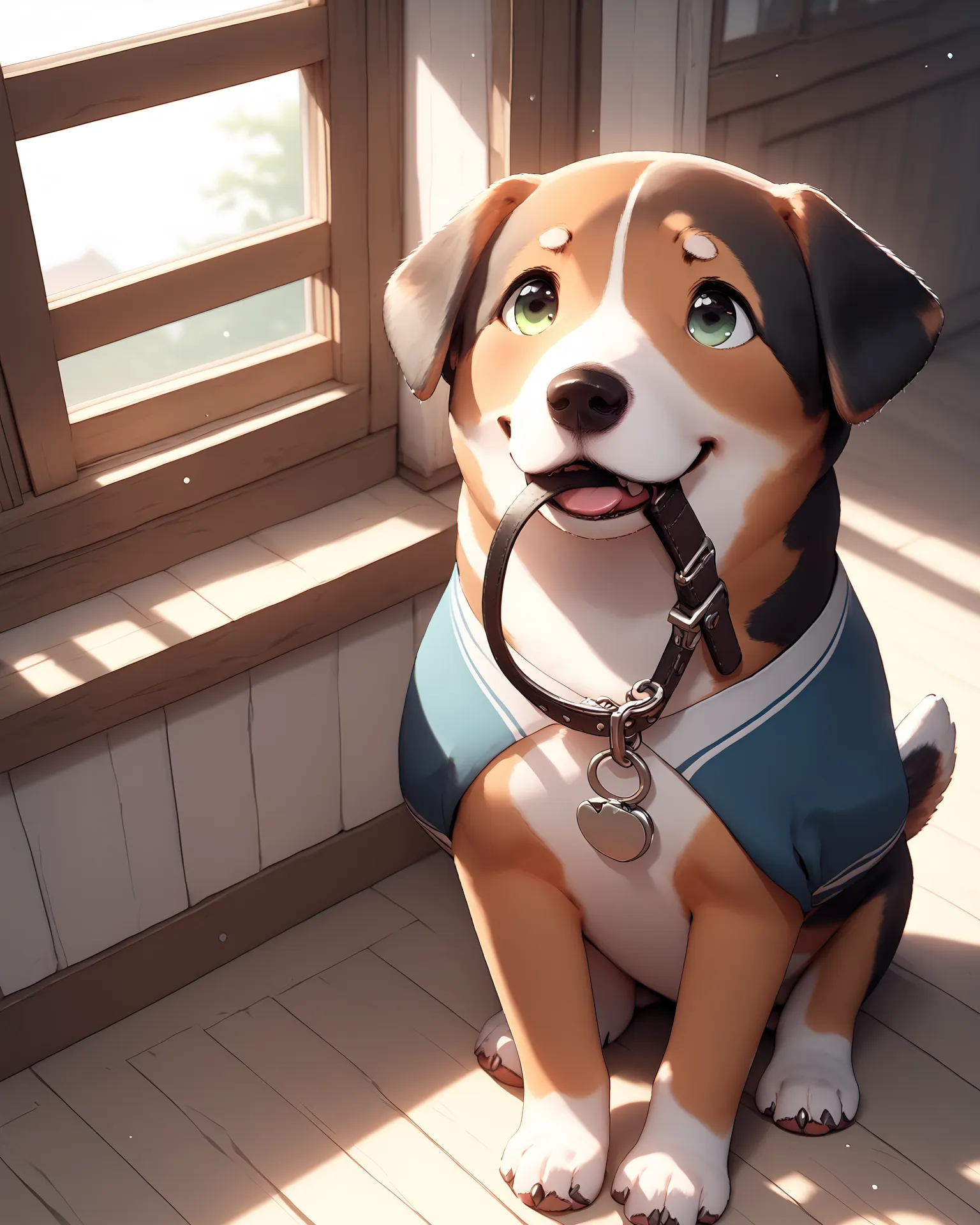 score_9, score_8_up, score_7_up, source_anime, rating_explicit, best quality, masterpiece, uncensored
(1 small cute dog:1.9),(Shiba Inu:1.5), animal, 3d, realistic, (nohuman:1.5),
collar, (holding collar with mouth:1.4), holding,
sitting side of window, in room, sun, (from above:1.5),
<lora:collar4u-v3-pony-000010:1>