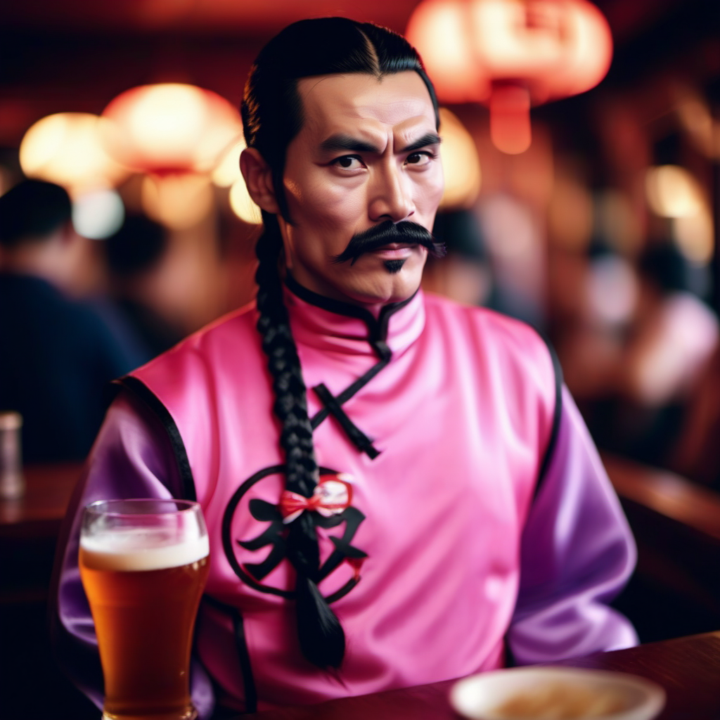 cinematic photo 1boy, mustache, solo, braid, black hair, pink and purple chinese clothes, facial hair, having a beer in a chinese pub  <lora:TaoPaiPai1024:0.8> . 35mm photograph, film, bokeh, professional, 4k, highly detailed