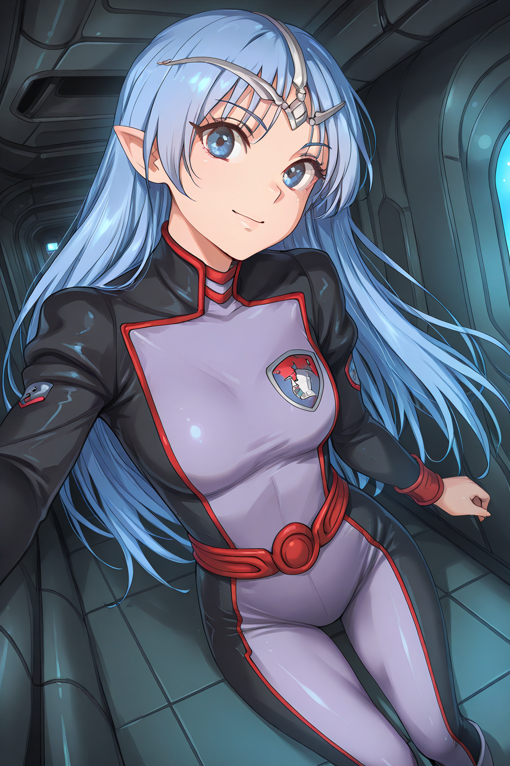 1girl, ALHairstyle, ALOutfit,
general, solo, perspective, dynamic angle, half body,
blue hair, blue eyes, eyelashes, pointy ears,
shiny skin,
circlet, high collar, bodysuit, emblem, red belt, boots,
looking at viewer, smile,
spacecraft, indoors,
depth of field,
<lora:kp_LafielSeikaiIllustrious_v1_0:1.0>
masterpiece, best quality, amazing quality