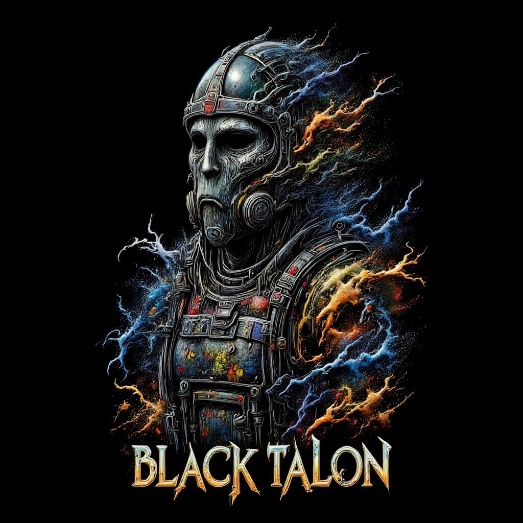 ("BLACKTALON" text logo:1.3) Zombie soldier wearing a biohazard gas mask, black and gold filigree, navy and gold vapor swirls, black background <lora:Harrlogos_v2.0:0.8>