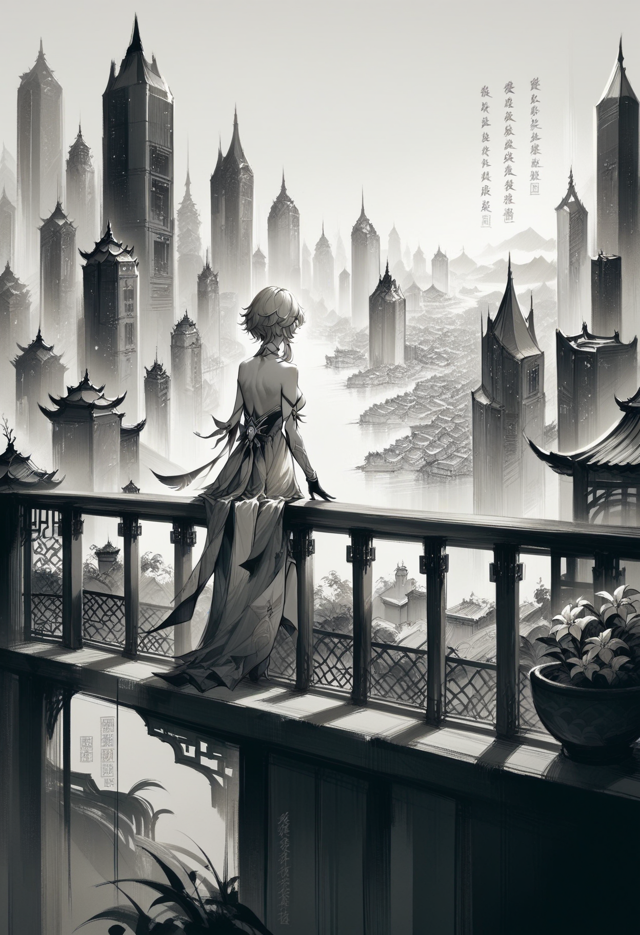 score_9, score_8_up, score_7_up, <lora:cllgrphy_pdxl_EliPot:1> monochrome, chinese text,
lumine \(genshin impact\),blonde hair,
at the balcony, city view,