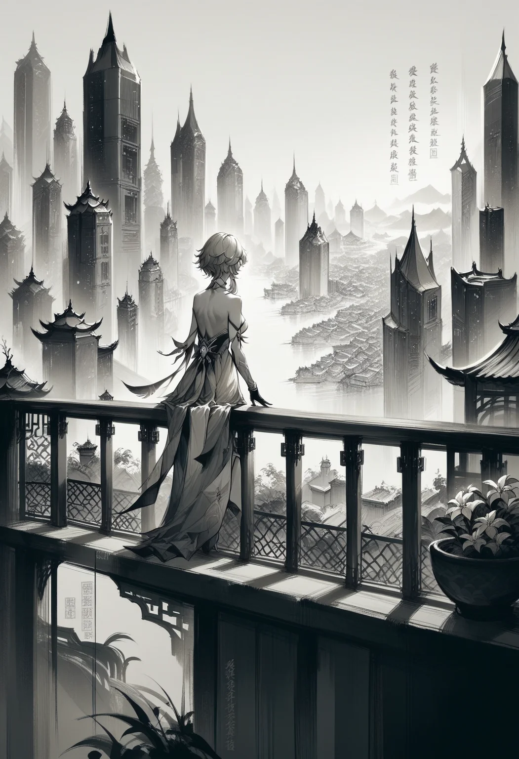 score_9, score_8_up, score_7_up, <lora:cllgrphy_pdxl_EliPot:1> monochrome, chinese text,
lumine \(genshin impact\),blonde hair,
at the balcony, city view,