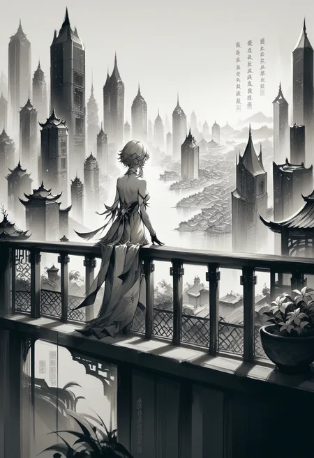 score_9, score_8_up, score_7_up, <lora:cllgrphy_pdxl_EliPot:1> monochrome, chinese text,
lumine \(genshin impact\),blonde hair,
at the balcony, city view,