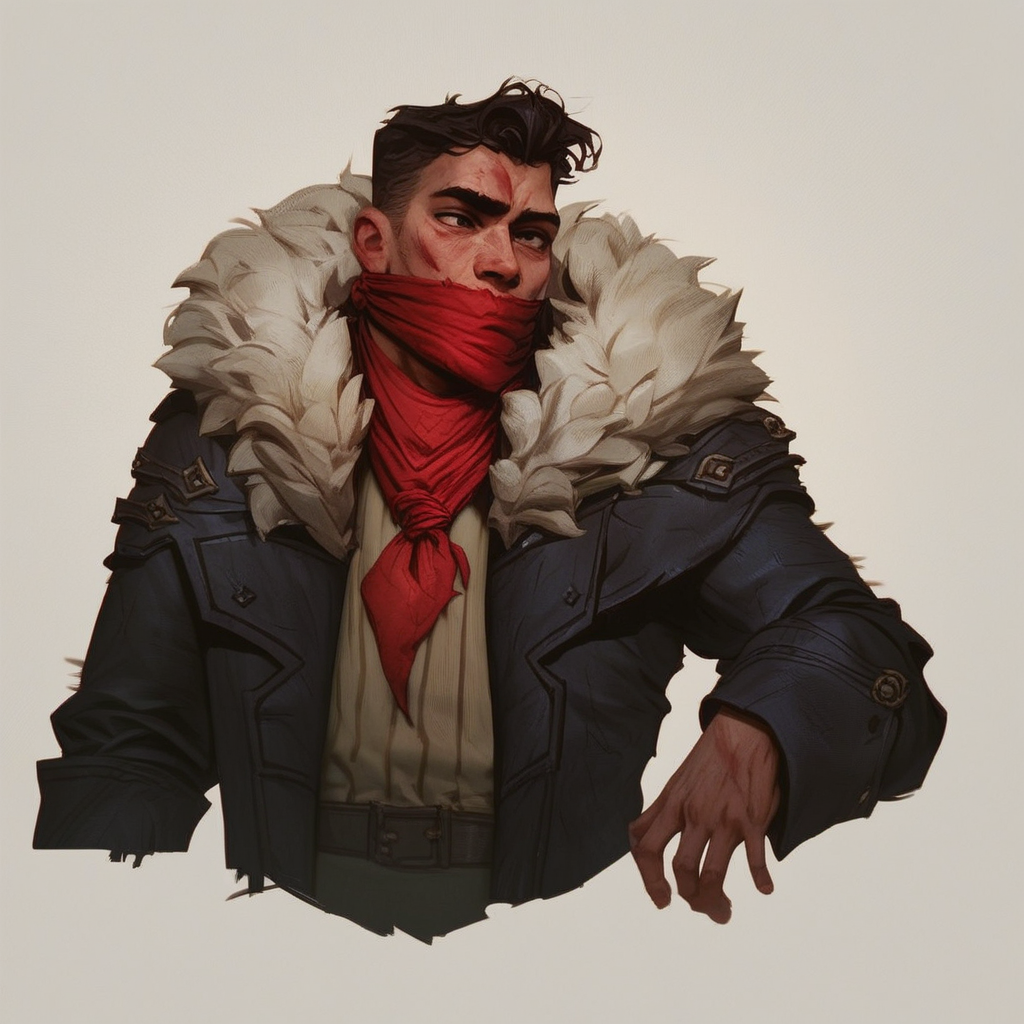 score_9, score_8_up, score_7_up, masterpiece, best quality, newest, absurdres, highres, 1boy, DDDismas-V1.1, bandana, scarf, red bandama, fur trim,