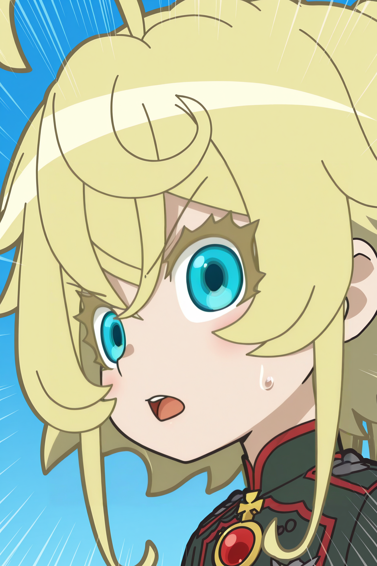anime screencap, anime coloring, detailed face, masterpiece, best quality, very aesthetic, absurdres, volumetric lighting, official style, amazing quality, ultra detailed, highres, amazing quality, scenery, beautiful detailed hair, beautiful detailed eyes,
<lora:StS-Illustrious-Detail-Slider-v1.0:4>
outside, blue sky,
<lora:Tanya_Degurechaff_Isekai_Quartet:1>
Tanya Degurechaff (character), Isekai Quartet (art style), 1girl, tanya degurechaff, blonde hair, blue eyes, solo, sweatdrop, open mouth, colored eyelashes, portrait, close-up, looking at viewer, uniform, emphasis lines, military uniform, blush