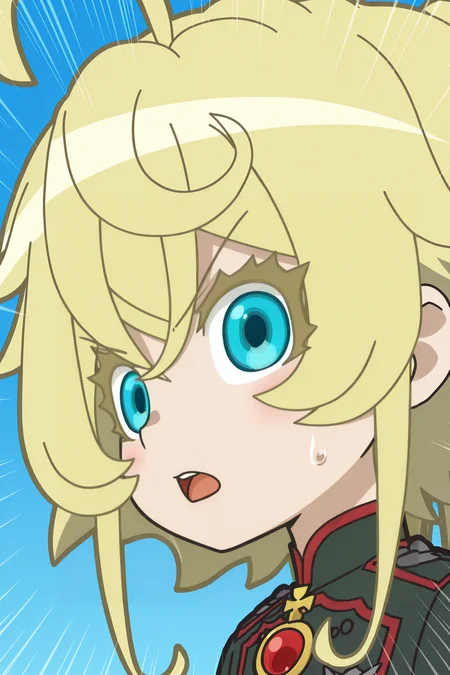 anime screencap, anime coloring, detailed face, masterpiece, best quality, very aesthetic, absurdres, volumetric lighting, official style, amazing quality, ultra detailed, highres, amazing quality, scenery, beautiful detailed hair, beautiful detailed eyes,
<lora:StS-Illustrious-Detail-Slider-v1.0:4>
outside, blue sky,
<lora:Tanya_Degurechaff_Isekai_Quartet:1>
Tanya Degurechaff (character), Isekai Quartet (art style), 1girl, tanya degurechaff, blonde hair, blue eyes, solo, sweatdrop, open mouth, colored eyelashes, portrait, close-up, looking at viewer, uniform, emphasis lines, military uniform, blush