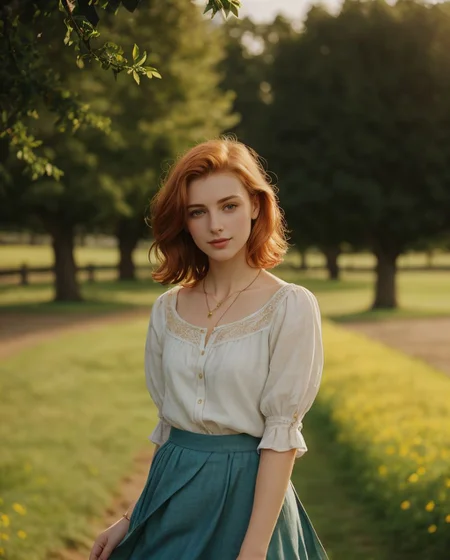 (style of Alessio Albi:1.4), Realist Portraiture, Soft Lighting, Emotional Depth, Simple Compositions, (Layered Depth, Soft focus foreground, Painted Scenery:1.1), alluring feminine physique, 24yo B34U71FU1_CA3LIA attractive irish redhead, wide cinematic establishing shot seductive young woman picnic under tree, (Layered Depth, Soft focus foreground, Painted Scenery:1.1), (bra, young adult irish redhead:1.15), short backlit hair, perfect face, thin upper lip, pouting lower lip, thin brows, small upturned nose, bow-shaped lips, large expressive almond shaped eyes, Raised Eyebrows, Focused Gaze, eager expression, quaint farm setting, (relaxed country woman), (tight unbuttoned shirt, thin material), subsurface scattering, classic cotton, soft pastel, intricate embroidery collar cuffs, rolled-up sleeves revealing sun-kissed forearms BREAK (blanket:1.15), rich textures, patchwork design, vibrant colors, detailed stitching, homely aesthetic (skirt), elegant rustic charm, subtle floral pattern, linen, sways breeze BREAK ((wildflower wreath)), crown delicate chain necklace, small, intricate pendant, heart-shaped with floral theme, glowing subtly in the soft light, ethereal quality, [lens flare glinting], (mischievous yet content expression), lush green fields in the background, (soft, sunlit ambiance), simple leather boots, carefree hair  <lora:kodak_ultramax_400:0.8> golden hour, soft golden light, pastel sky, relaxed posture, natural smile, earthy colors, candid moment, urban park, trees and flowers in background, leading lines, depth of field, slightly off-center framing, warm tones, cinematic look, natural setting, editorial style, soft textures, subtle lighting, peaceful mood