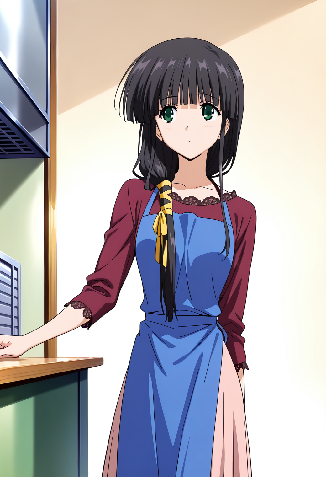 masterpiece, best quality, very aesthetic, absurdres, 1girl, solo,
<lora:hasebe_aya_v01:0.9>, hasebe_aya, aya_casual1, black hair, low-tied long hair, ponytail, hair over shoulder, blunt bangs, sidelocks, green eyes,
yellow hair ribbon, dark red shirt, lace-trimmed shirt, long sleeves, pink skirt, long skirt, posing, blue apron