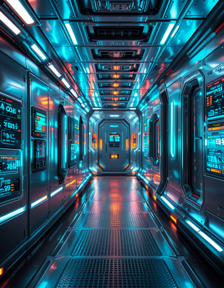 A highly detailed futuristic spaceship corridor, illuminated by soft neon blue and purple lights. The walls are made of sleek metallic panels, with glowing circuits and holographic displays integrated into the design. The floor is reflective and polished, with a faint grid pattern that emits a subtle white glow. Pipes and cables run along the ceiling, interspersed with small ventilation grids and blinking lights. The corridor stretches into the distance, creating a sense of depth, with a slight curve that hints at the massive scale of the spacecraft. The atmosphere feels clean, modern, and slightly sterile, with a sci-fi aesthetic inspired by movies like Blade Runner and Star Wars. The overall lighting is ambient and slightly dim, accentuating the futuristic ambiance. No characters or people are present, focusing entirely on the corridor's architecture and design.<lora:SDXLFaeTastic2400:0.4> <lora:extremely_detailed:0.4> extremely detailed, <lora:futuristic_spaceship_c0rr1d0r:1>,futuristic spaceship c0rr1d0r, Masterpiece,best quality,hi res,8k,hi res,8k,award winning,(sharp focus, intricate, highly detailed),