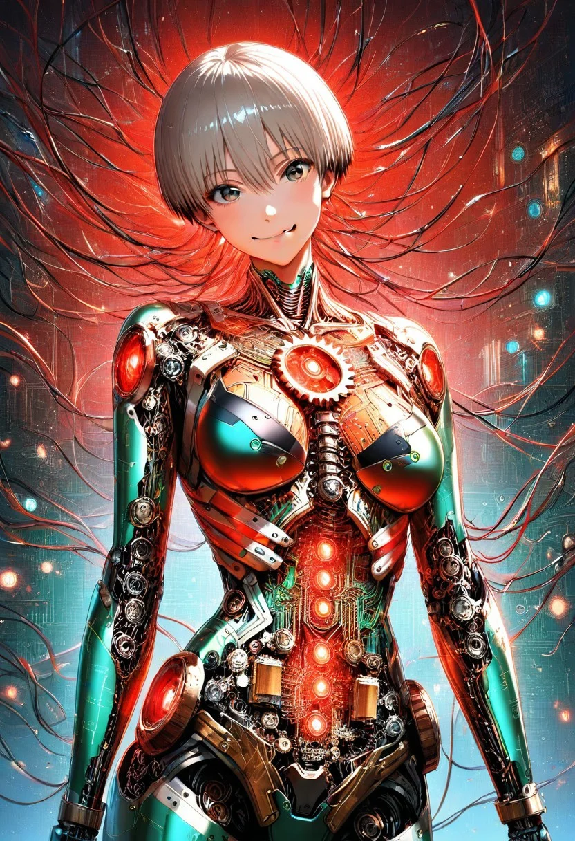 best quality, masterpiece, 8k, ultra detailed, intricate detail, realistic photography, digital painting art style, intricate details, ultra sharp, exquisite detail, vivid colors, exciting background,
rating_safe, sfw,
BREAK,
1girl, solo, uzaki hana from uzaki-chan, fang,
cybernetic body, glowing skin, led lights on body,
gears in stomach, gear box in body, circuit board in body, circuit on skin,
tilt head, looking at viewer,
green, circuit board,
green circuit board room, circuit board background,
red lights, emergency red lights, blink,