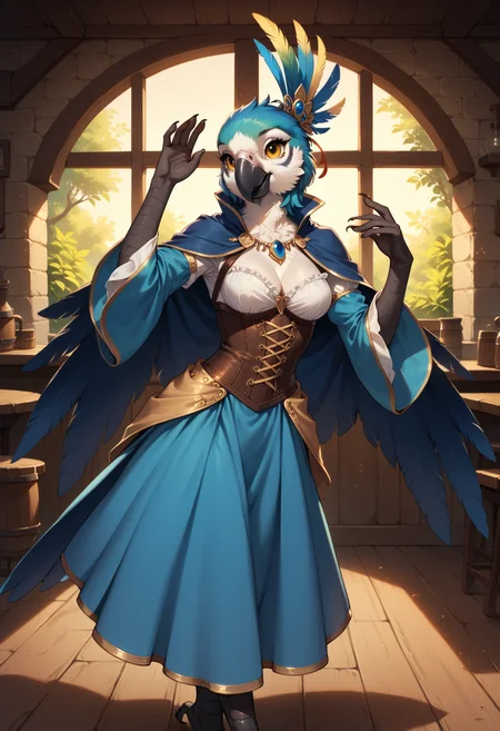 score_9, score_8_up, score_7_up,
source_fantasy, high quality, perfection, detailed, aesthetic, well-lighted,
1girl, solo,
tavern, fantasy,
anthro, feathers, feathered body, beautiful girl, cute girl, adult, youthful, beautiful face, detailed face, perfect eyes, detailed eyes,
parrot girl, medium breasts, yellow eyes,
bard, feather trim, corset, white blouse, cleavage, blue skirt, blue cloak,
(dancing:1.2), happy, happy expression, hands up, (dynamic pose:1.2),