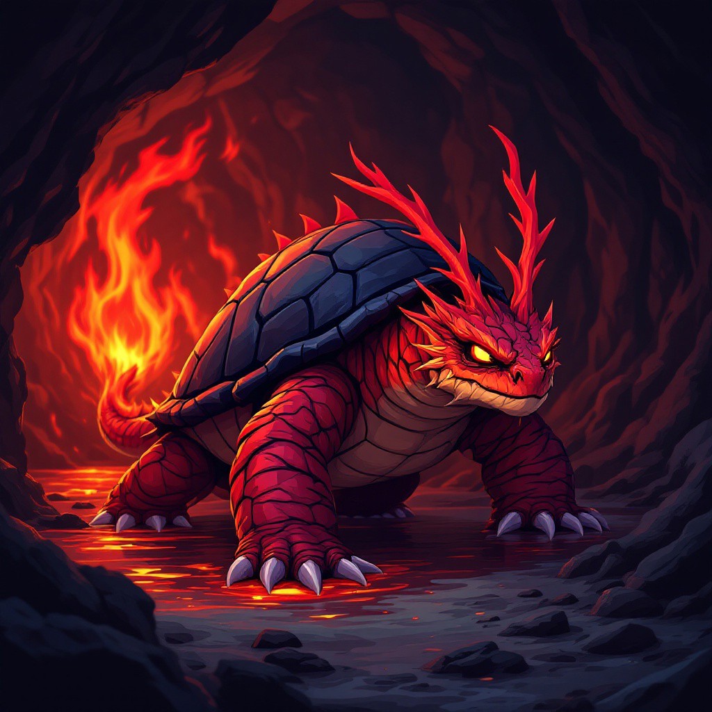 <lora:Flux_Fake_Pokemon:1> a fluxfakemon of a fire turtle with red skin, a black shell, and a dragon's face. Its legs and hands have sharp claws, and the face has thin, elongated red dragon horns. The background is a dark cave with a lava lake.