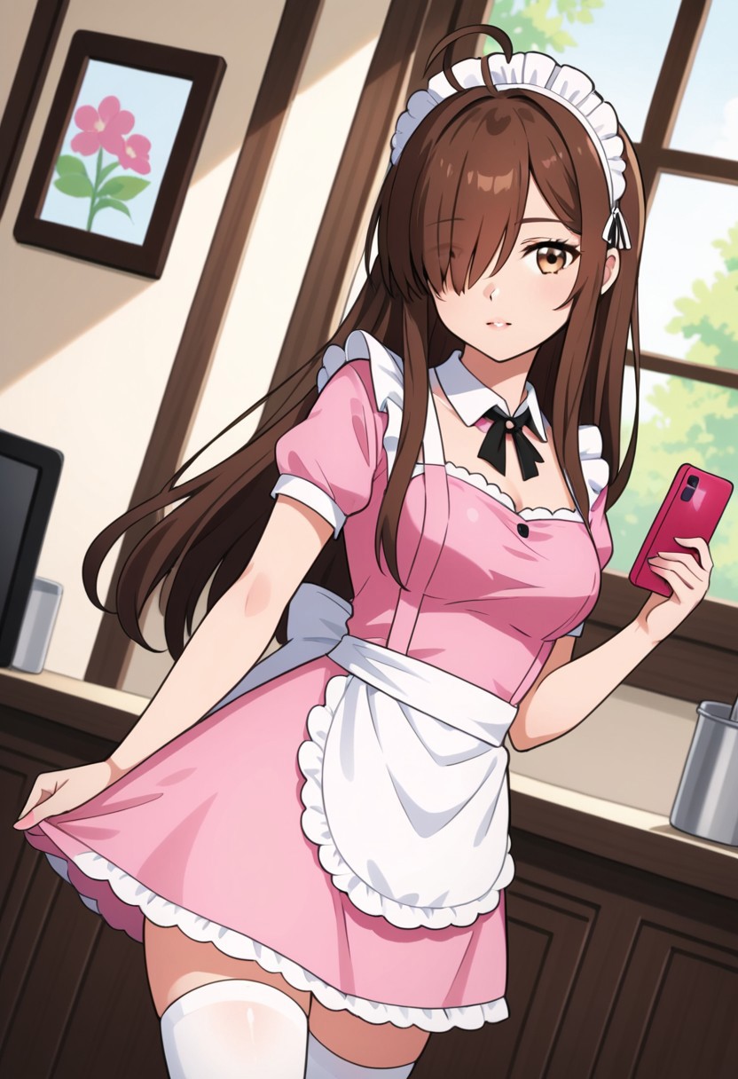 Dutch angle, Tilted frame, Diagonal composition, Slanted pose, Dynamic tilt, 1girl, solo, long hair, brown hair, thighhighs, dress, holding, jewelry, ahoge, short sleeves, indoors, hair over one eye, apron, maid, maid headdress, window, phone, cellphone, pink dress, smartphone, maid apron, holding phone