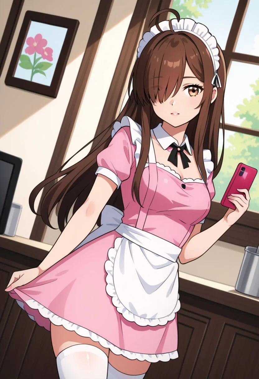 Dutch angle, Tilted frame, Diagonal composition, Slanted pose, Dynamic tilt, 1girl, solo, long hair, brown hair, thighhighs, dress, holding, jewelry, ahoge, short sleeves, indoors, hair over one eye, apron, maid, maid headdress, window, phone, cellphone, pink dress, smartphone, maid apron, holding phone