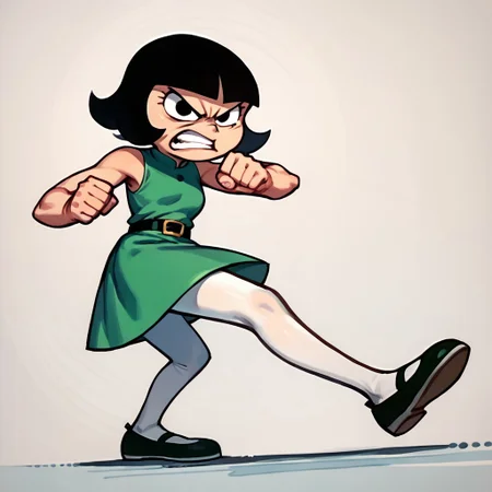 score_9, score_8_up, score_7_up BREAK LeeLeeDL, 1girl, black hair, bob cut, blunt bangs, black eyes, sleeveless green dress, black belt, white tights, black mary jane shoes, angry at viewer, solo, solo focus, full body, fighting stance, fist raised,