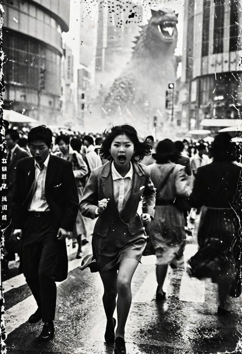 B&W 35mm vintage photo of Shibuya crossing, people run in panic, face expressions visible, godzilla attack, panic everywhere, panic in every face, everyone running in panic, running for their lives