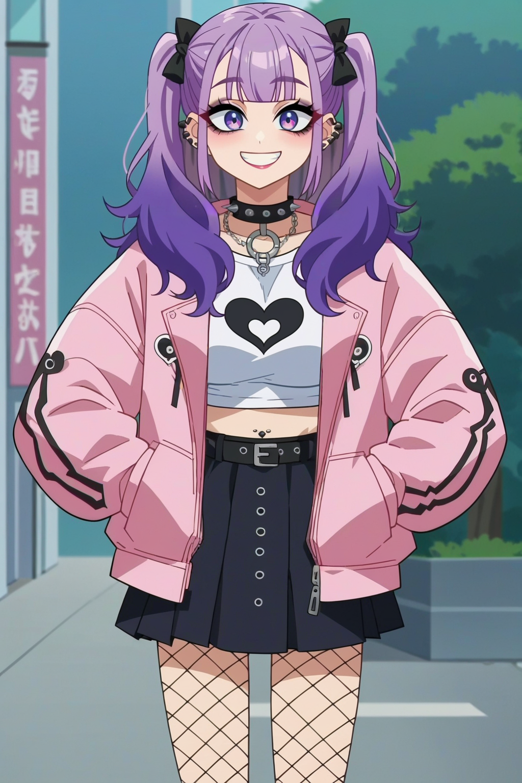 score_9, score_8_up, score_7_up, score_6_up, score_5_up, score_4_up, BREAK source_anime,anime screencap, rating_explicit,cowboy shot,1girl,solo,anime screencap,smile,big eyes,big breasts,
edgPastelGoth, a woman with purple hair and a pink jacket ,wearing edgPastelGoth
 <lora:edgPastelGothPonyv1:1>
