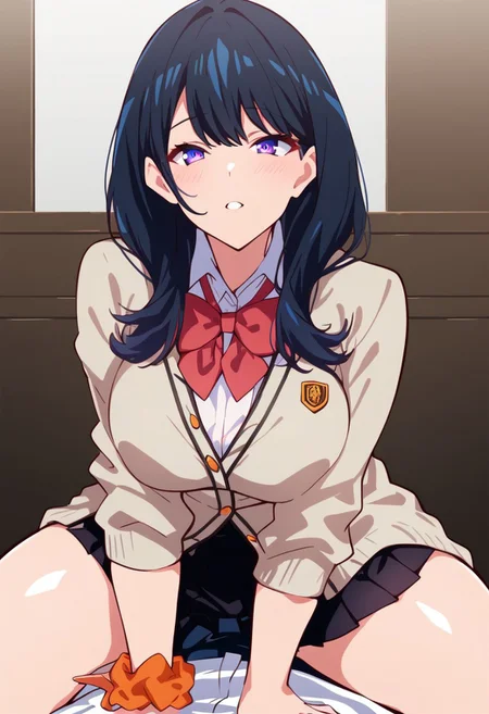 mature female,1girl,Takarada_Rikka,black_hair, blue_eyes, purple_eyes, long_hair, black_skirt, microskirt, pleated_skirt, red_bowtie, white_shirt, wrist_scrunchie, orange_scrunchie, white_cardigan, breasts, large breasts, double d cup breast, blush,dd cup breasts,, score_9, score_8_up, score_7_up, source_anime, 1girl, horny expression, thick thighs,
4K,8K, HD, Good anatomy, Great Anatomy, High Quality, Ultra HD,Best Quality, Natural beauty,Expressiveh