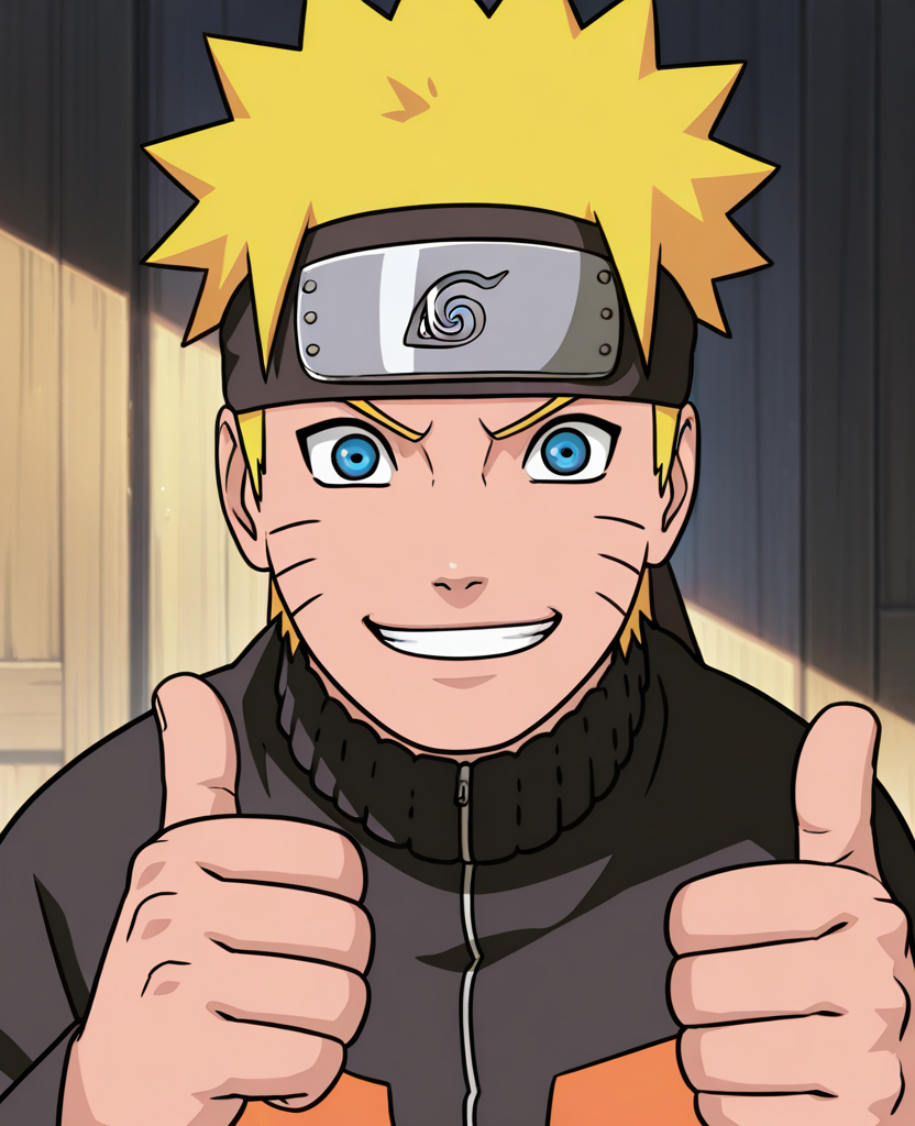 masterpiece, best quality, amazing quality, highres, absurdres, intricate detail, <lora:Naruto_Uzumaki_ILLUS-000008:0.8> , nar1, 1boy, solo, short hair, blonde hair, blue eyes,  whisker markings, forehead protector, jacket, multicolored clothes,  uzumaki naruto,  portrait,  smile, thumbs up,