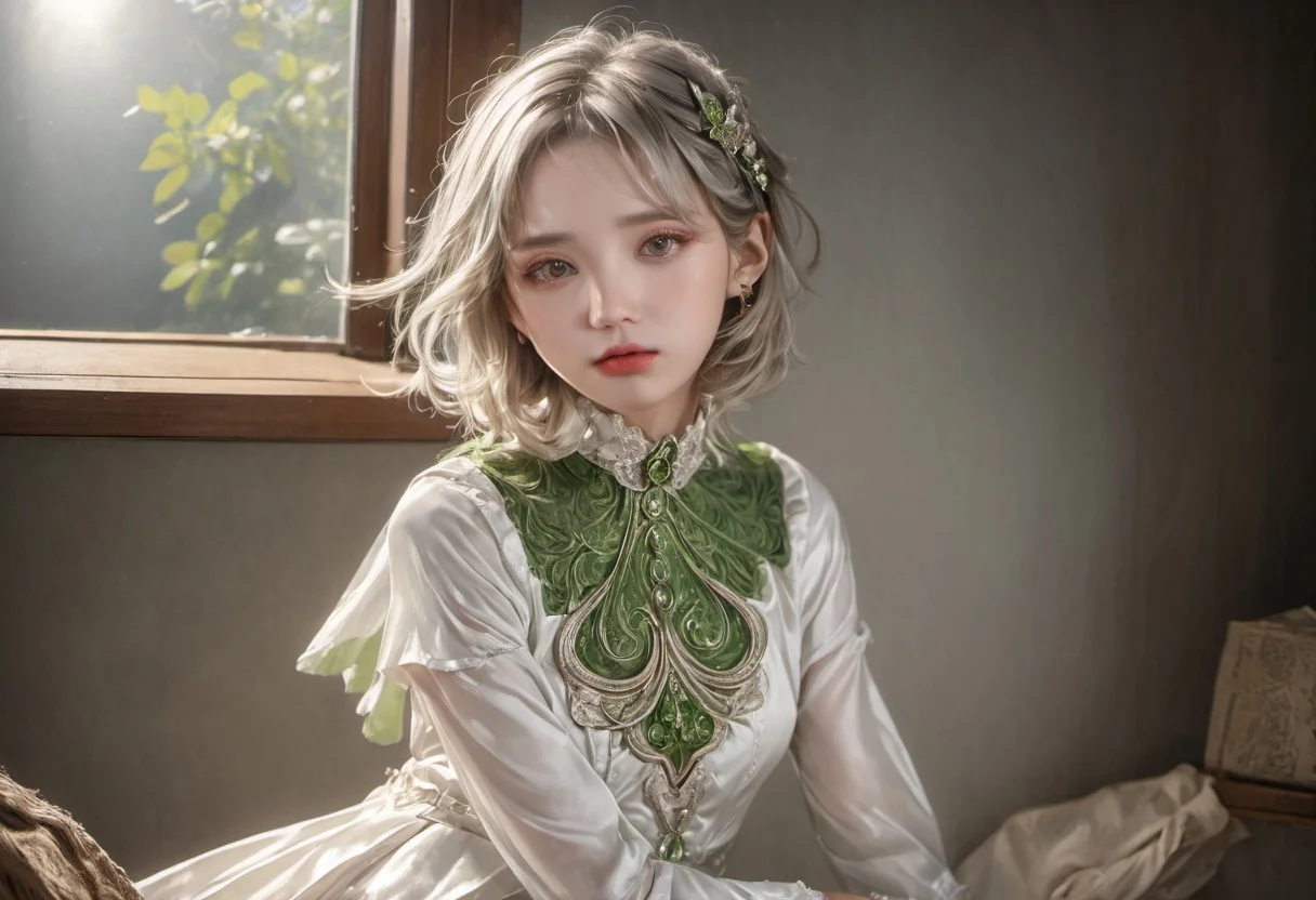 full body photo,dramatic light,fluorescent river,mooon <lora:Nahida-real:0.8>,Nahida,green jewelry ,green eyes,green collar,white and green dress,short dress,
Detailed pattern on the dress,small,upper body,hair between eyes,windy,,detailed face, detailed eyes, detailed lips, beautiful woman, hourglass figure, natural lighting, high quality, hyperrealistic, 8k, cinematic, dramatic lighting, chiaroscuro, neoclassical, oil painting,