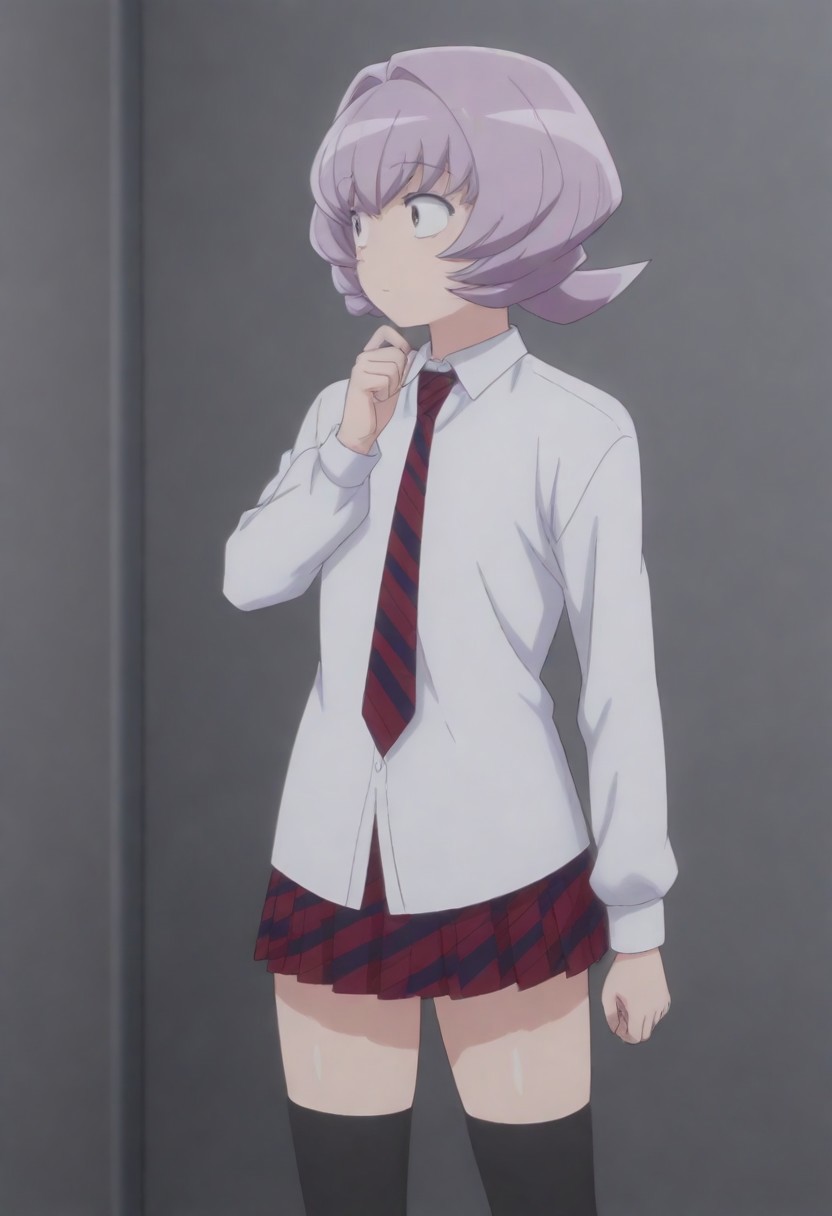 masterpiece, best quality, amazing quality,,, shiny skin,,,,,<lora:Osana_Najimi_cnn:0.8> osananajimicnn,,short hair, brown eyes,androgynous, light purple hair, school uniform, white shirt, striped necktie,striped skirt, pleated skirt,black thighhighs,