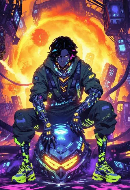 (**A digital painting in the style of ck-js,**) A hyper-detailed, dramatic cyberpunk artwork infused with toxic neon hues, high-contrast lighting, and intense, glowing saturation. The male model, striking a powerful pose, wears loose-fit cargo trousers in radioactive lime green, lined with pulsating cyan seams, and oversized, ultraviolet sneaker shoes from the "Neon Streets" collection by Hiroshi Fujiwara, designed with a fusion of streetwear and advanced technology. His cybernetic headgear, embedded with holographic interfaces and flickering data streams, seamlessly integrates into his enhanced neural system. Luminous gold implants wrap around his arms, neck, and waist, radiating a fiery electric glow. His medium-length black hair, streaked with bioluminescent magenta highlights, frames a sharp, intense gaze as he sits confidently atop a hyper-reflective, futuristic SuperBike helmet, its surface alive with shifting neon circuitry. The background erupts in an electrified explosion of molten orange, acid yellow, and deep cobalt blue, creating a mesmerizing interplay of vibrant colors and high-contrast shadows. The scene pulses with cinematic energy, where extreme saturation, glowing cybernetic enhancements, and flickering neon distortions form a surreal, futuristic dreamscape, capturing the essence of cyberpunk in an electrifying spectacle of light and motion.