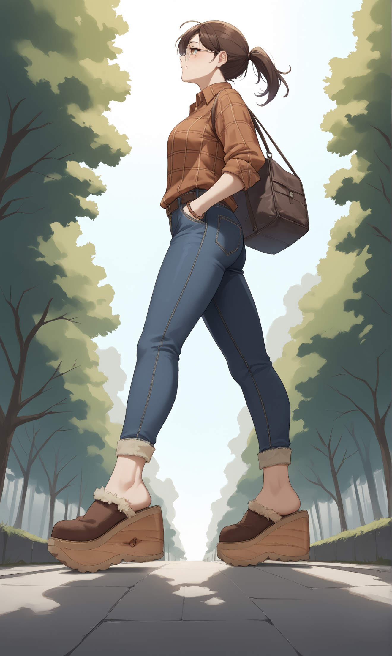 score_9, score_8_up, score_7_up, score_6_up, source_anime,
low angle, from below, from side,
autumn, outdoors, park,
1girl, 
walking, arms out, looking up, happy,
flannel shirt, jeans, round glasses, ponytail, brown hair,
sherpa clogs, platform footwear,
embedding:zPDXLrl ,
embedding:zPDXL2 ,