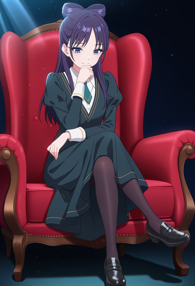 (absurdres, best quality, masterpiece:1.4), amazing quality, highres, newest, detailed, detailed body, detailed face, source anime, anime coloring, beautiful, dark background, petite, red chair, sitting, light ray, cross legs, hand to own chin, looking down,
BREAK
WWNemu, 1girl, solo, standing, smile, NemuAniHu, dark purple hair, bow-shaped hair, parted bangs, half updo, blue eyes, v-neck dress, white inner collared shirt, Short necktie, juliet sleeves, long skirt, black pantyhose, black shoes,