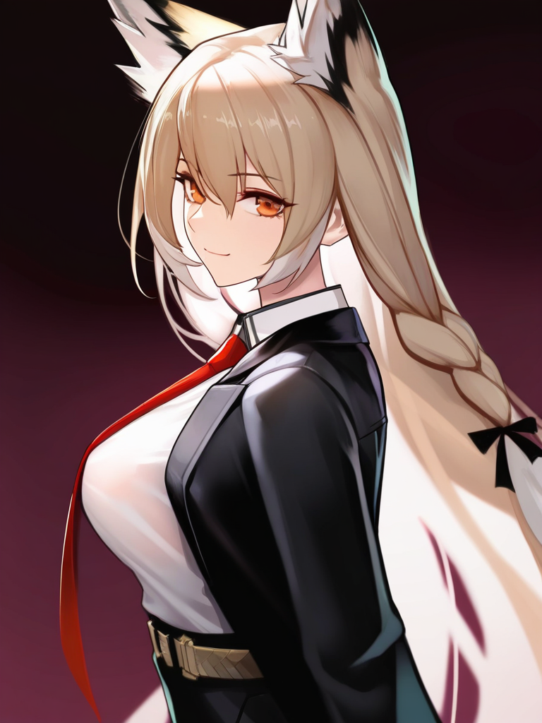 masterpiece, best quality, very aesthetic, highres, absurdres,(miurahha, bacius, ririko \(fhnngririko\):0.4), <lora:vulpisfoglia:1>,white shirt, red necktie,belt, black jacket, long sleeves, vulpisfoglia (arknights), solo, collared shirt, 1girl, from side, ribbon, looking at viewer, upper body, smile, purple background, animal ear fluff, simple background, closed mouth