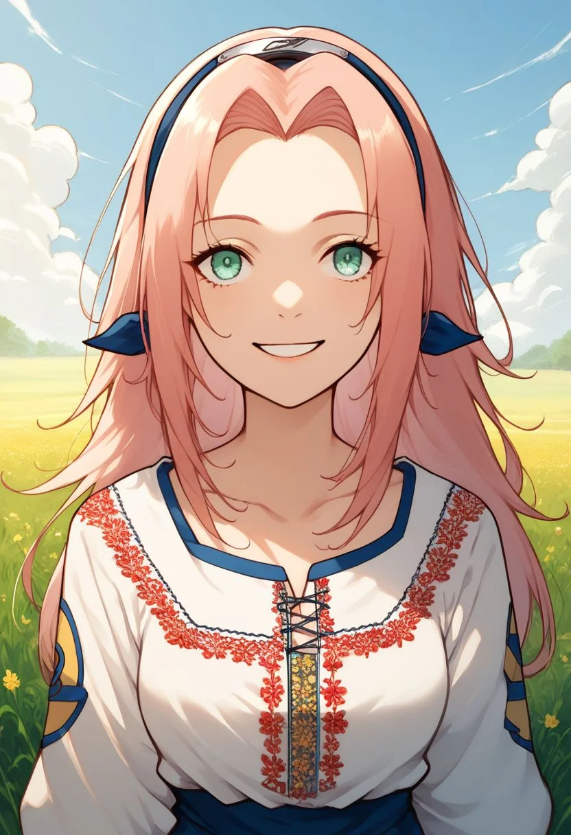 score_9, score_8_up, score_7_up, 8k uhd, masterpiece, best quality, high quality, absurdres, ultra-detailed, (highly detailed), OverallDetail, Expressiveh,
,
((( )))
,
(((1 girl, solo, frontal view, upper body shot)))
,
(1girl, haruno sakura, pink hair, long hair, green eyes)
,
((( Yellow Grain field, blue sky, smile shiny, posing)))
,
((( Vyshyvanka, Ukrainian embroidered shirt, embroidered shirt, shirt, posing while standing)))