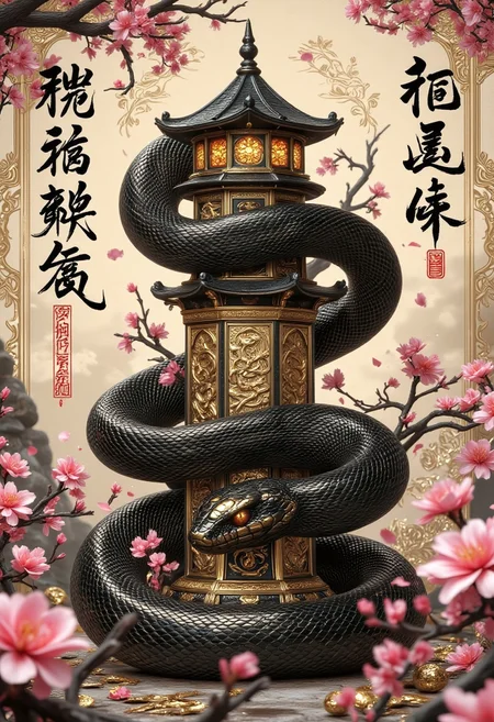 A black shiny snake coiled around an ancient mystical tower, superstructure, hkmagic, surrounded by traditional black Chinese calligraphy in the air and cherry blossom patterns on the ground, aidmayearofthesnake