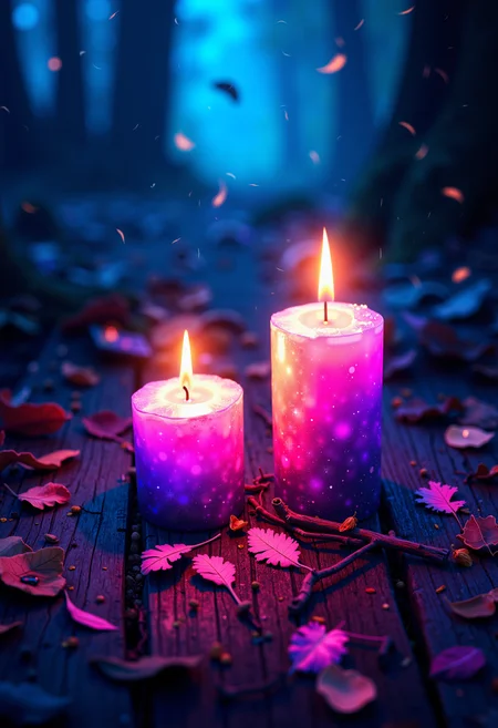 bo-neon, a digital artwork featuring two lit candles on a wooden surface, surrounded by a forest floor covered in fallen leaves and twigs, the candles are placed side by side, each with a unique, warm, and vibrant color palette: the first candle is on the left, emitting a bright, fiery flame that illuminates the surrounding area, the flame is a mix of pink and purple hues, with small, glowing particles scattered around the base of the candles, the second candle, on the right, is slightly smaller and slightly larger, with a more delicate, almost ethereal quality, the background is blurred, but it appears to be a dense forest with hints of blue and green foliage, creating a sense of depth and mystery, the textures of the wooden surface are smooth and polished, with visible cracks and crevices, enhancing the rustic, natural feel of the scene, the overall mood is one of warmth and tranquility, with the colors blending together to create a mesmerizing, almost dreamlike atmosphere, the artwork is highly detailed and realistic, capturing the essence of a cozy, natural setting with a touch of fantasy, high quality, ultra detailed, colorful, abstract, abyss fantasy.<lora:FLUX Abyss Neon\Abyss Neon_epoch_5.safetensors:1.0:1.0>