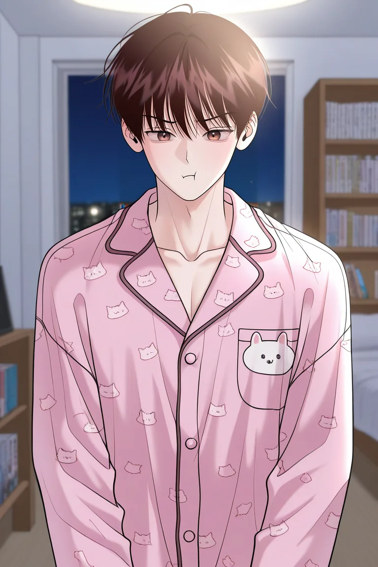 masterpiece, best quality, amazing quality, very aesthetic, high resolution, ultra-detailed, absurdres, newest, scenery, volumetric lighting, depth of field,anime screencap, , , 1boy, solo, male focus,<lora:yoil:0.81>,won yo il,dark brown hair,brown eyes,short hair,long sleeves, closed mouth, collarbone,upper body, collared pajamas, indoors, chair, animal print,pout, pajamas,pink pajamas, :t, bookshelf,bedroom,night