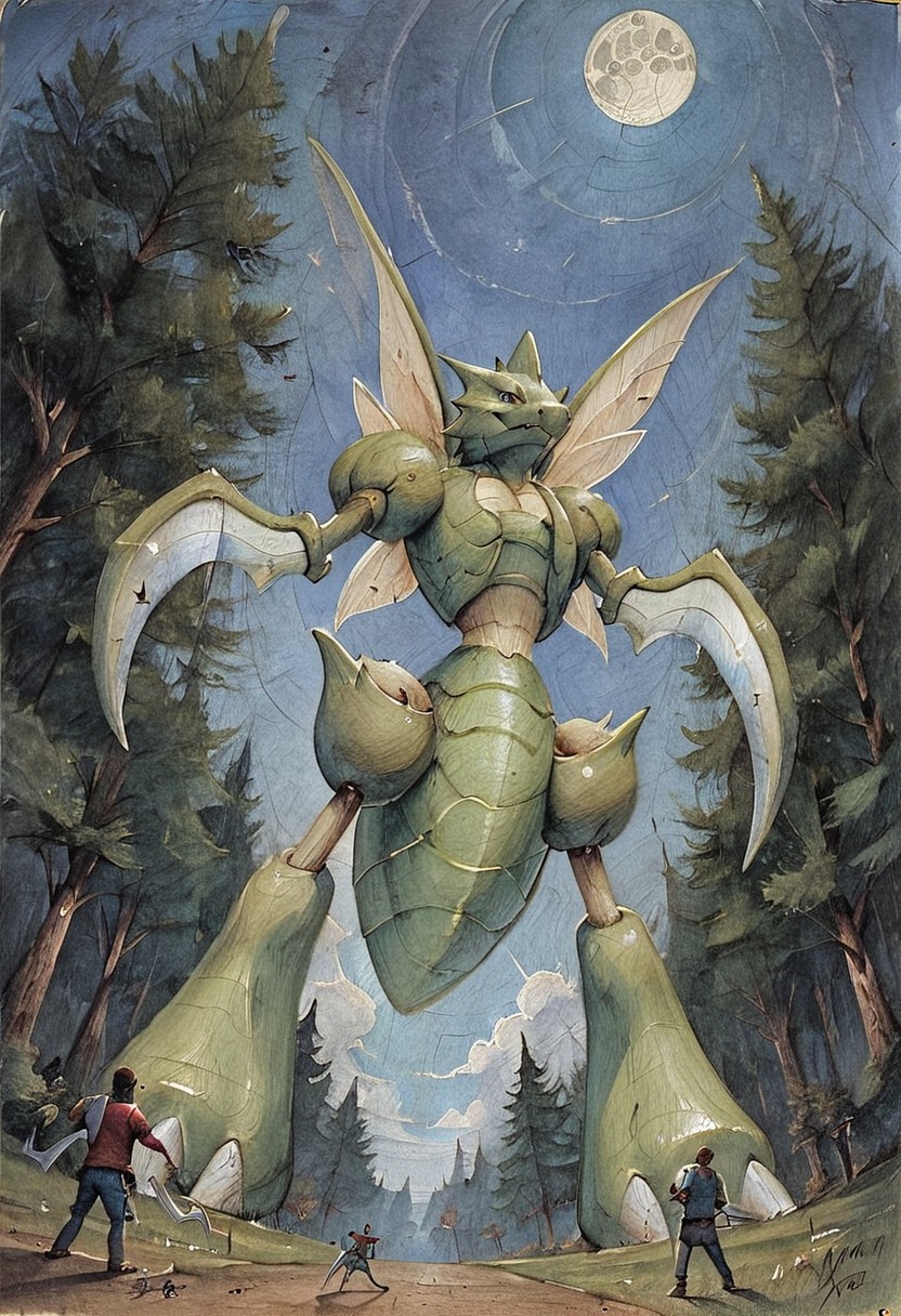 score_9, score_8, score_7, forest, night, black_sky, low-angle_view, (Scyther, (giantess), male, slim), gothic art, oil painting, traditional media, realistic, best_quality