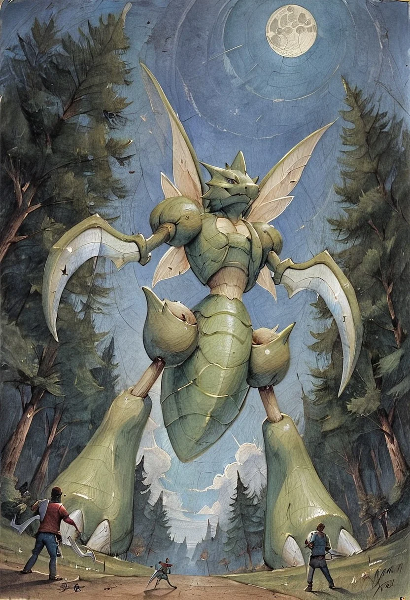 score_9, score_8, score_7, forest, night, black_sky, low-angle_view, (Scyther, (giantess), male, slim), gothic art, oil painting, traditional media, realistic, best_quality