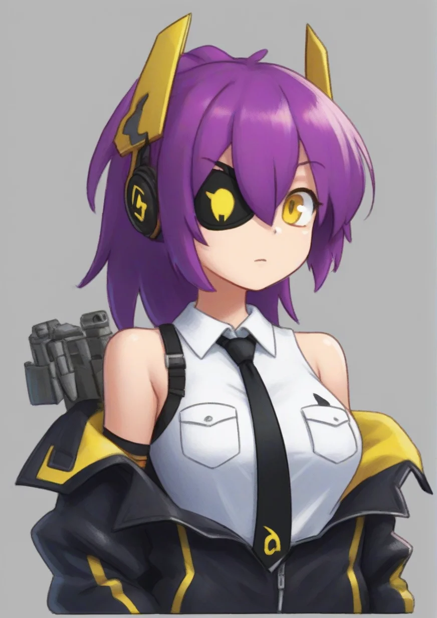 1girl,zPDXL3, black gloves, black necktie, breast pocket, breasts, eyepatch, gloves, grey background, hair between eyes, headgear, jacket, necktie, off shoulder, pocket, purple hair, rigging, shirt, sleeveless, sleeveless shirt, solo, upper body, yellow eyes <lora:minus8-8:1>