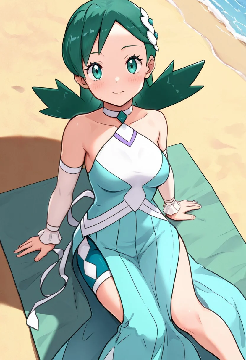 2d, masterpiece, best quality, amazing quality, highres, absurdres, newest, 1girl, solo, sitting, on towel, beach, from above, dutch angle, looking at viewer, medium breasts,
sygkris, kris \(pokemon\), green eyes, green hair, medium hair, hair ornament, halter dress, bare shoulders, choker, aqua dress, side slit, detached sleeves, wrist cuffs, aqua shorts, shorts under dress, long dress, high heel sandals, white footwear, aqua footwear